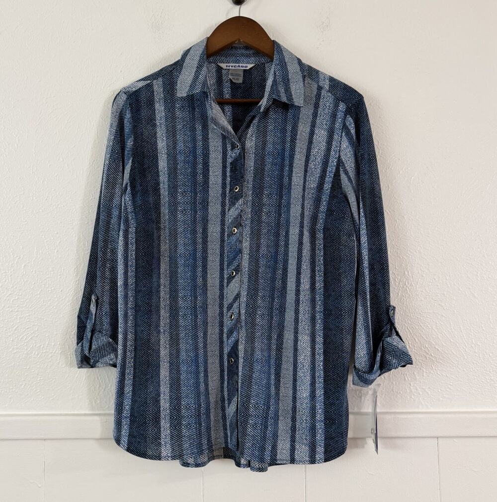 Nygard Women’s Blue Abstract Stripe Button Front Roll Tab Blouse Top Petite PL
